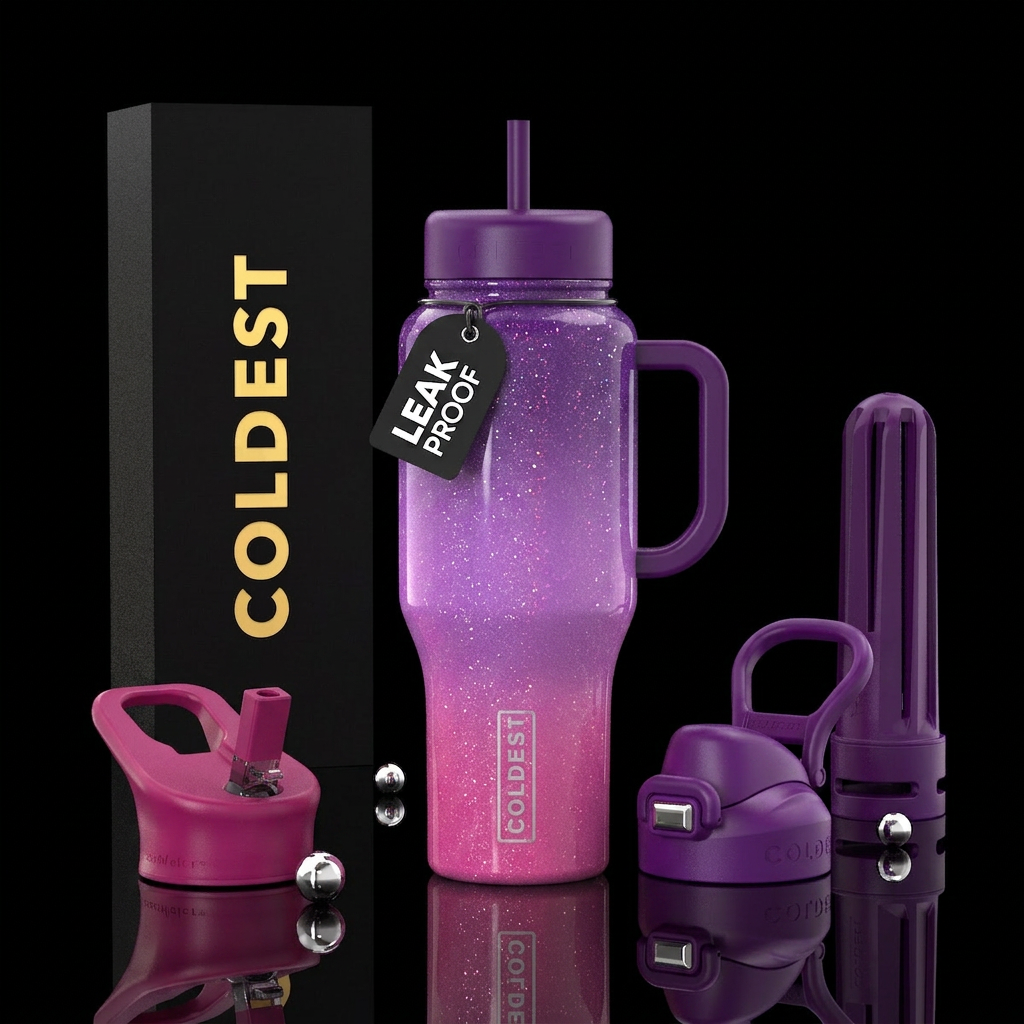 Neon light purple, pink, Ombre, Sparkles water bottle design