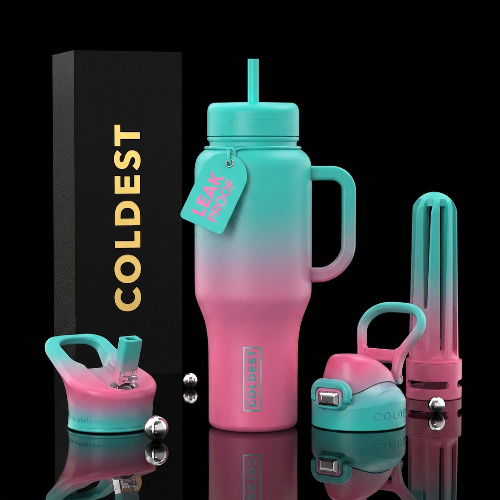Bubble gum pink, Teal Ombre on both base and cap water bottle design