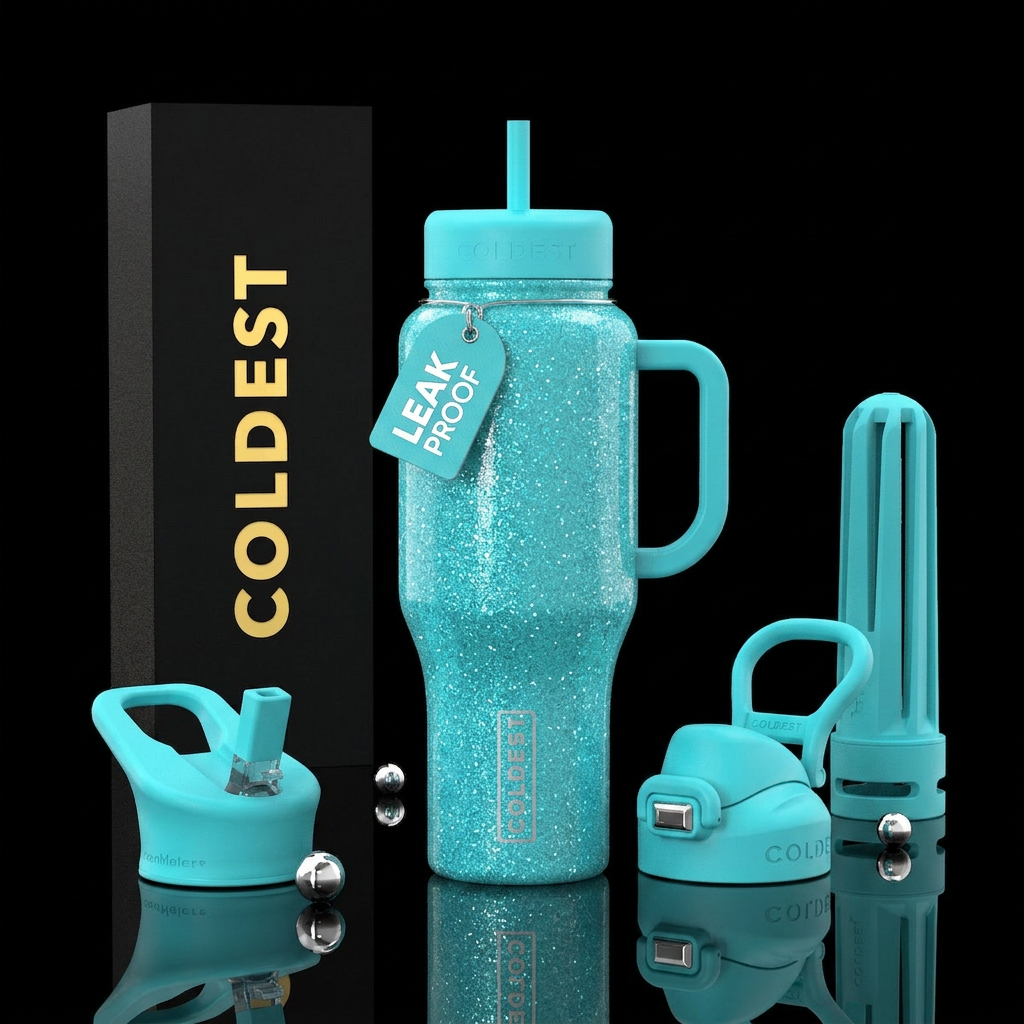 Bright Turquoise with glitter water bottle design