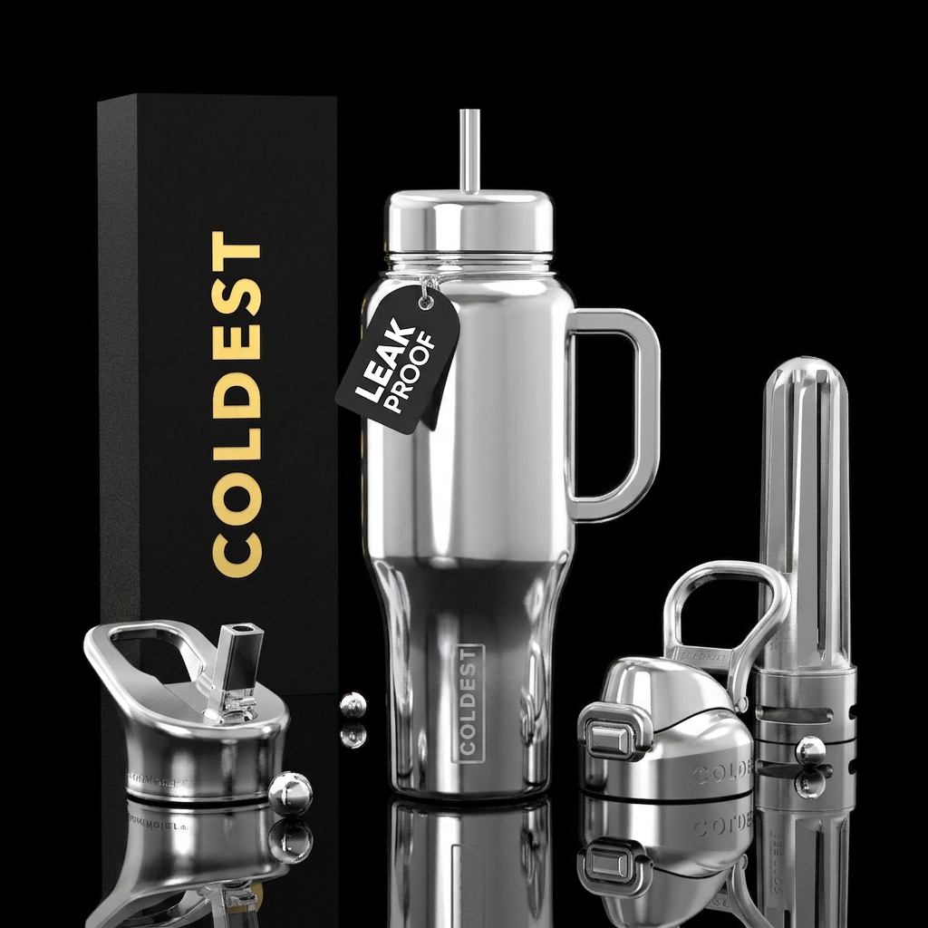 Glossy, silver water bottle design