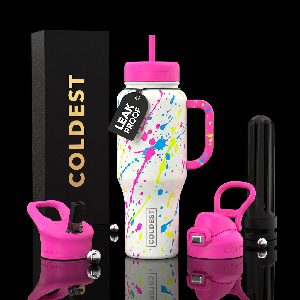 Neon pink lids and handle, neon white matte and gl... water bottle design