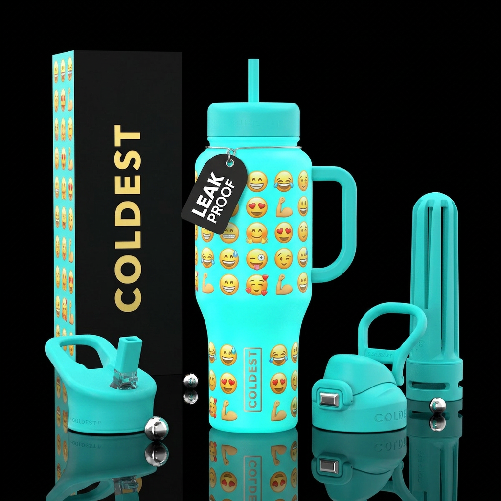 Turquoise neon base and lids, emojis on base water bottle design
