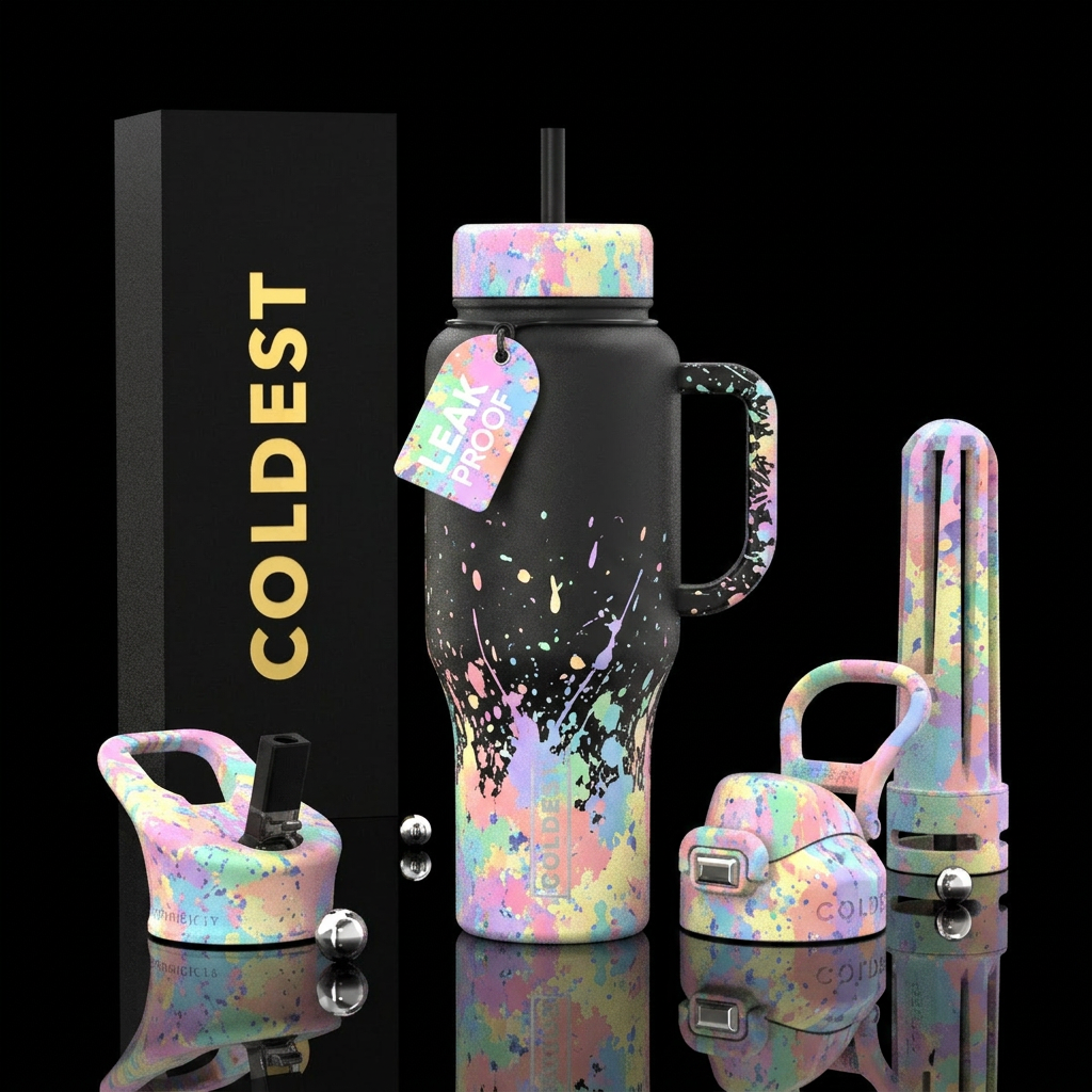 Pastel colours, splatter on base and Lids, all siz... water bottle design