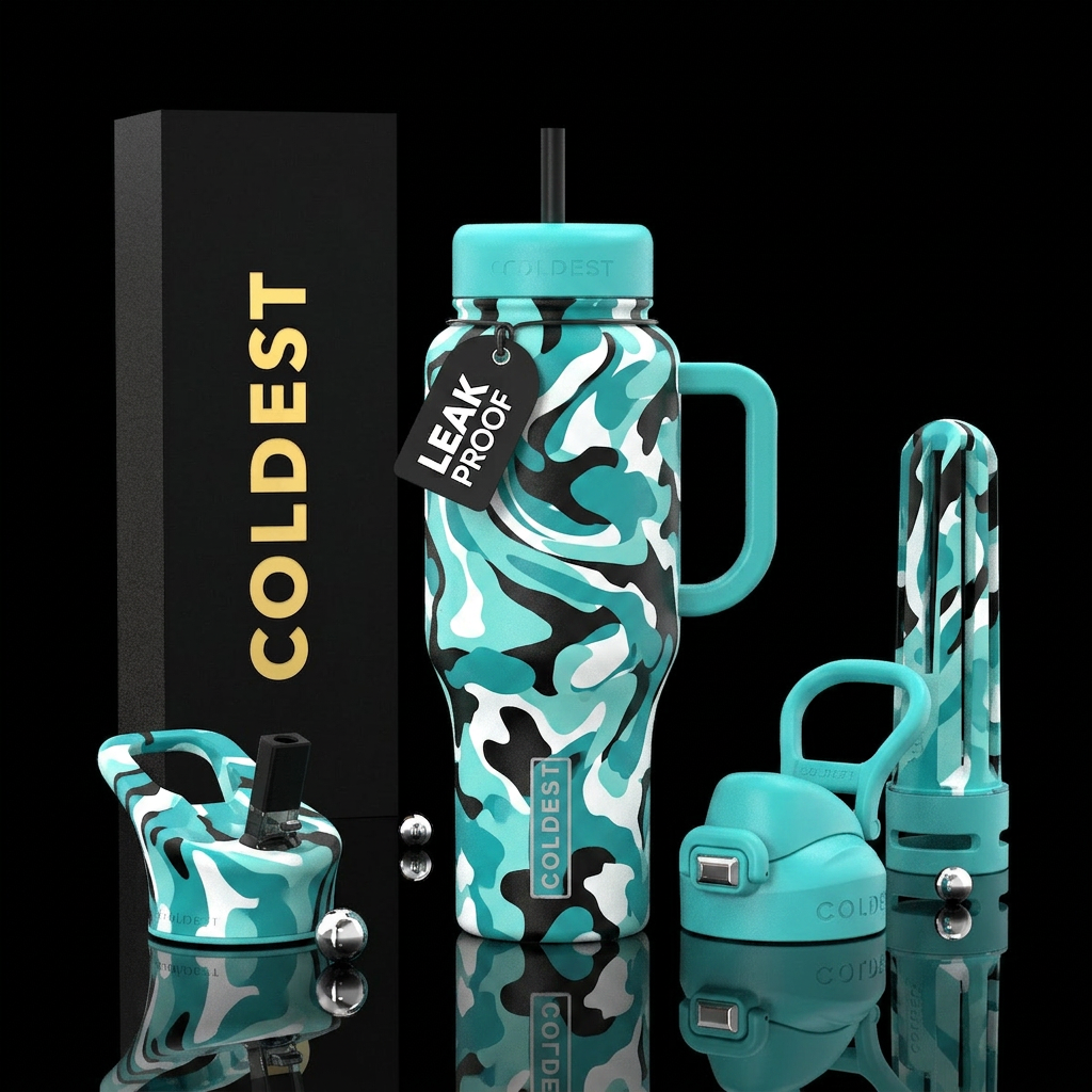 Turquoise white and black camouflage water bottle design