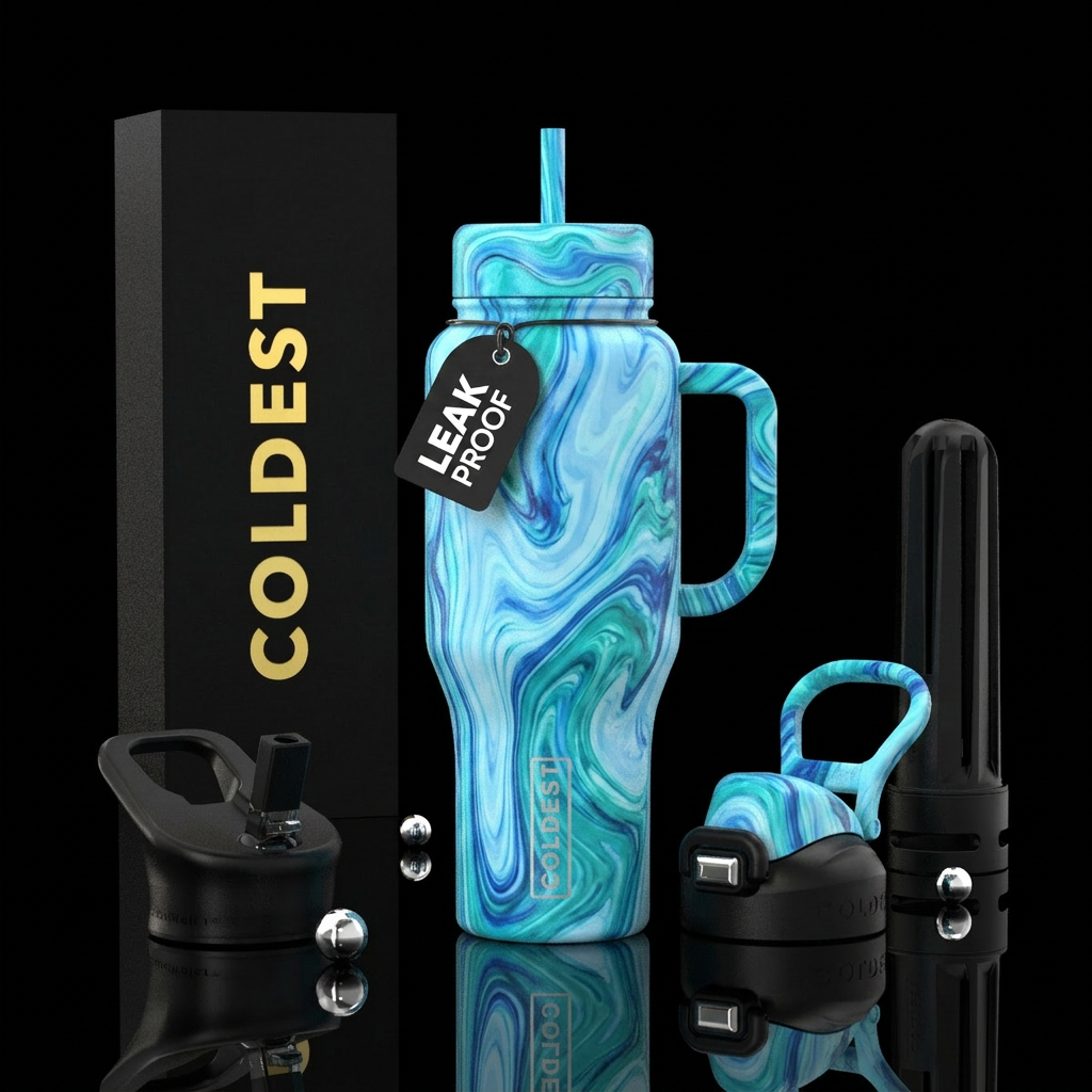 Light blues, Dark Blues, Teal, turquoise marble water bottle design