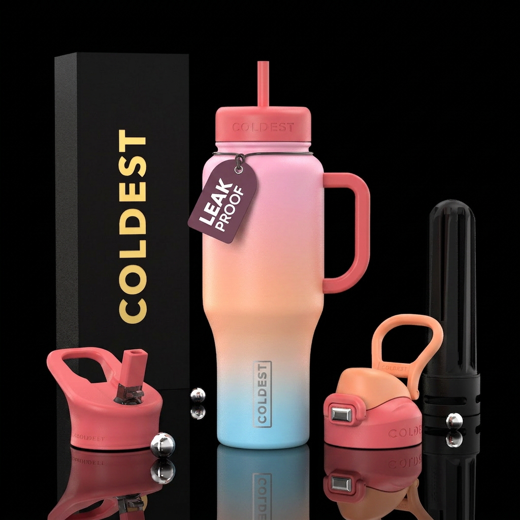 Light pink, light orange, light blue sunset water bottle design