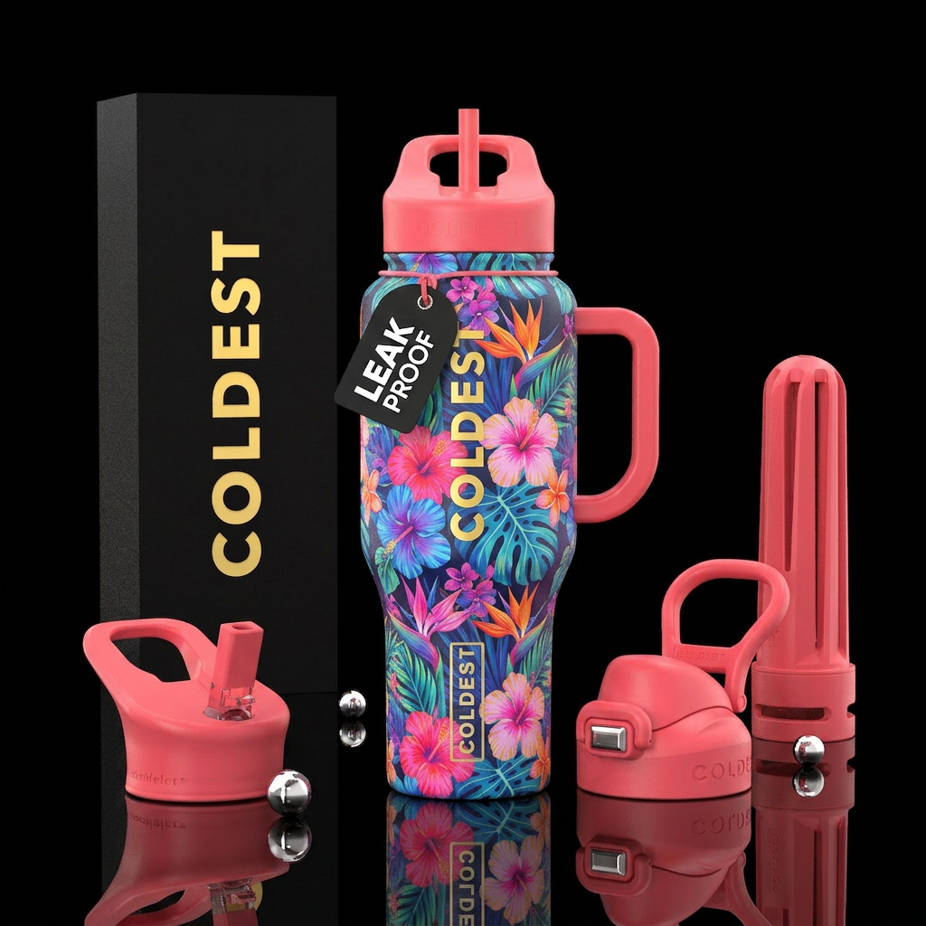 Tropical, bright colours water bottle design