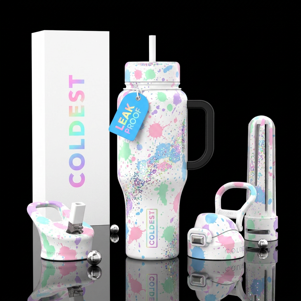 White everything, with pastel splatters, and glitt... water bottle design