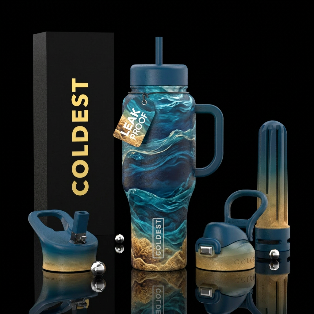 Deep sea, waves, sand, water bottle design