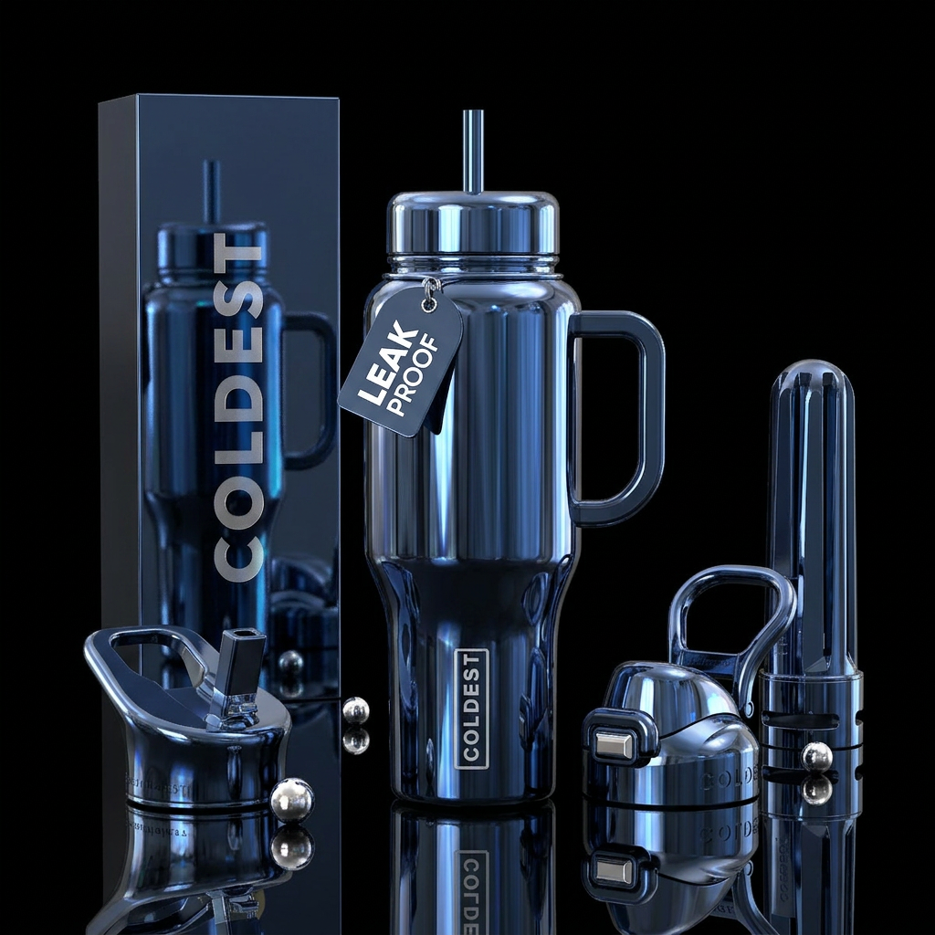 polished, navy, chrome water bottle design