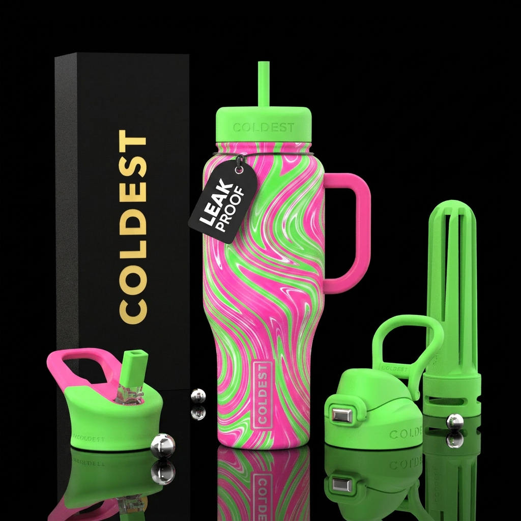 Neon pink and green with white swirls water bottle design