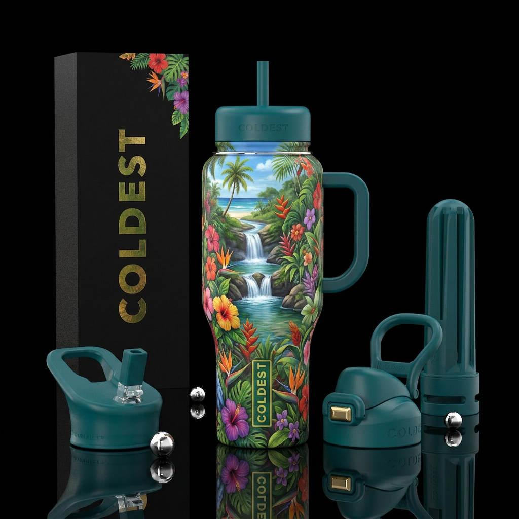 tropical flowers, waterfall water bottle design