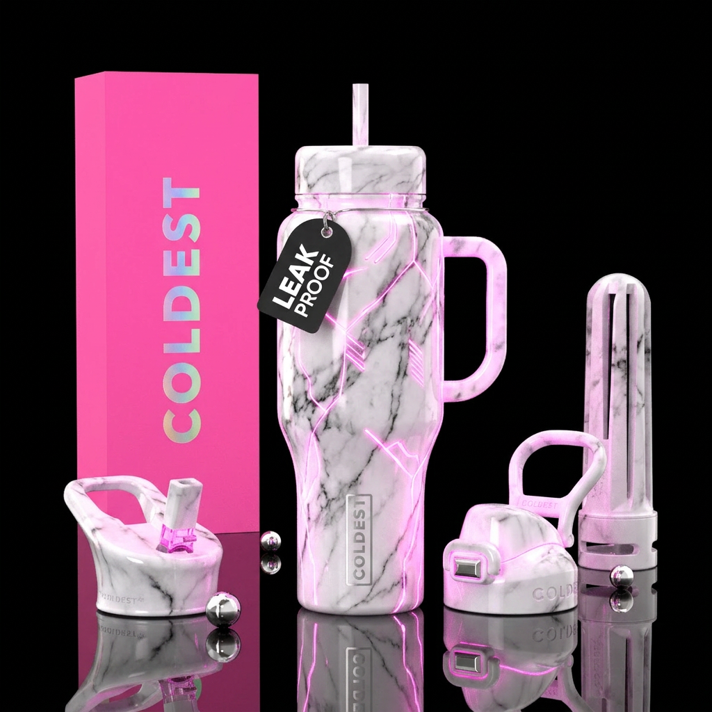 White marble, neon pink highlights, glowing water bottle design