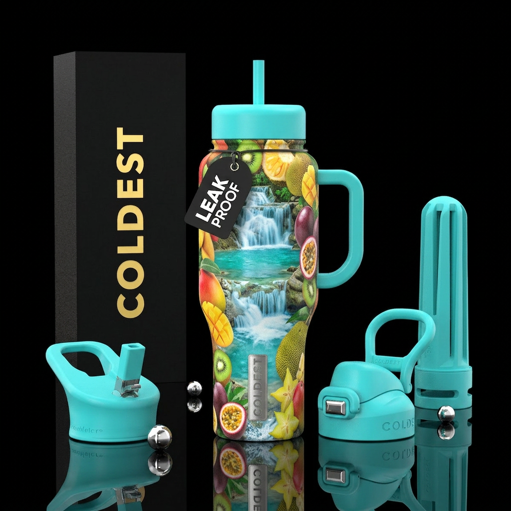turquoise, waterfall, tropical fruits water bottle design