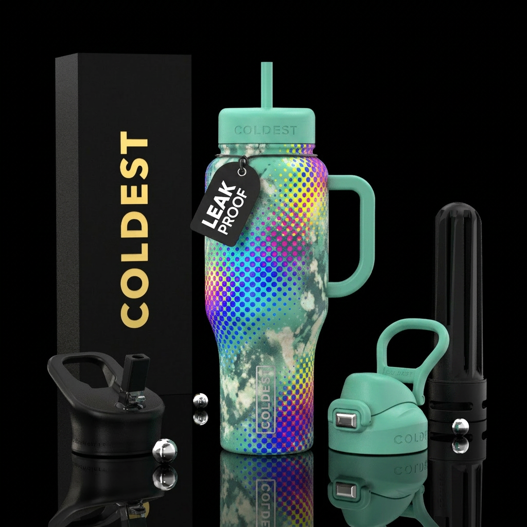 chromatic, halftone, seafoam, bleach effect water bottle design