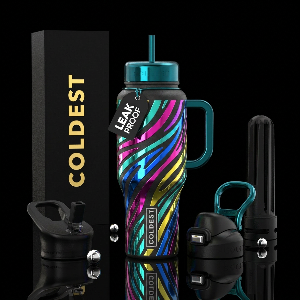 whimsical, chrome, glossy, stripes water bottle design