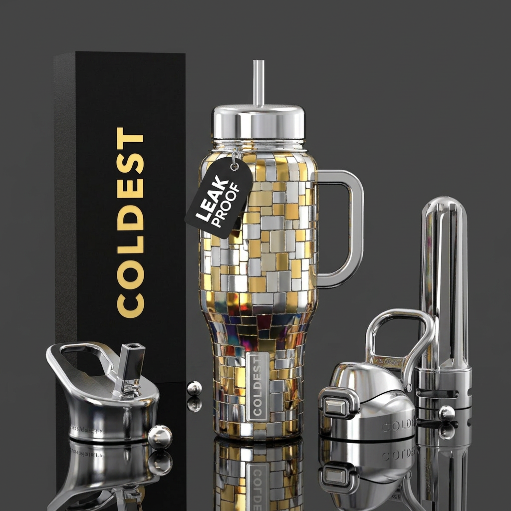 Silver, gold, chrome water bottle design