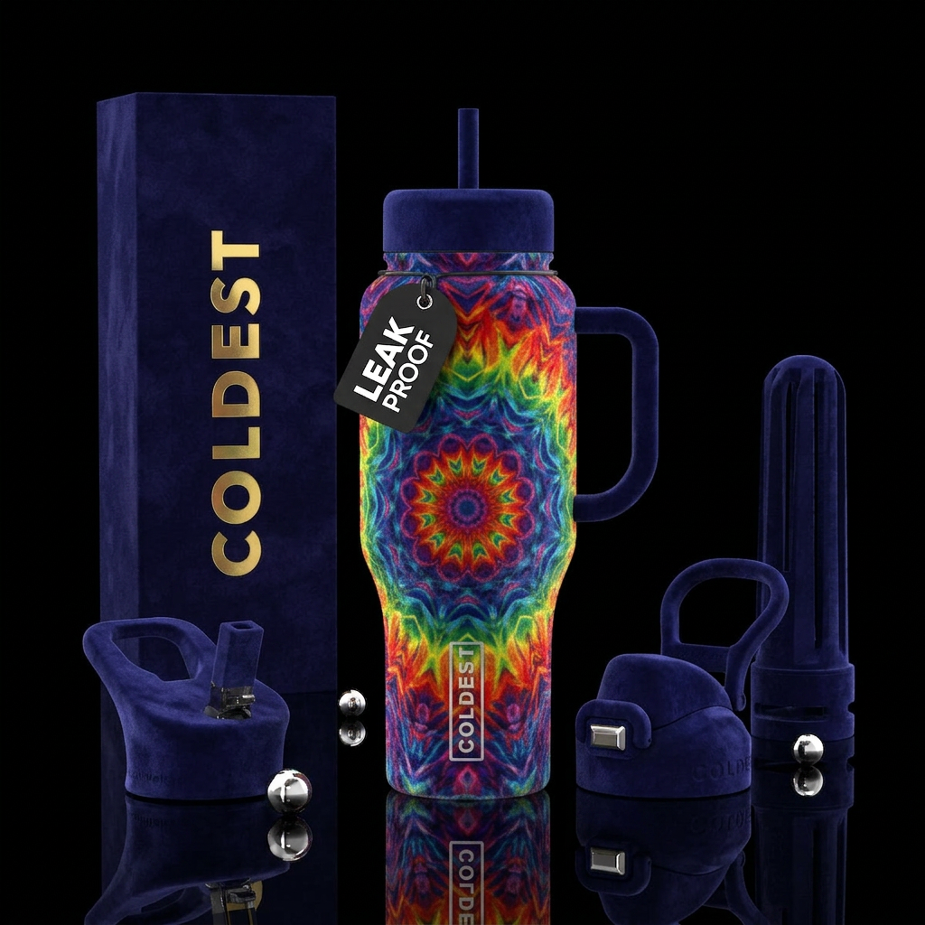 kaleidoscope, rainbow, velvet finish water bottle design
