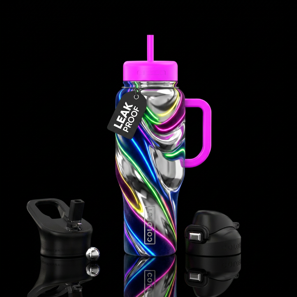 silk, chrome, velvet, neon water bottle design