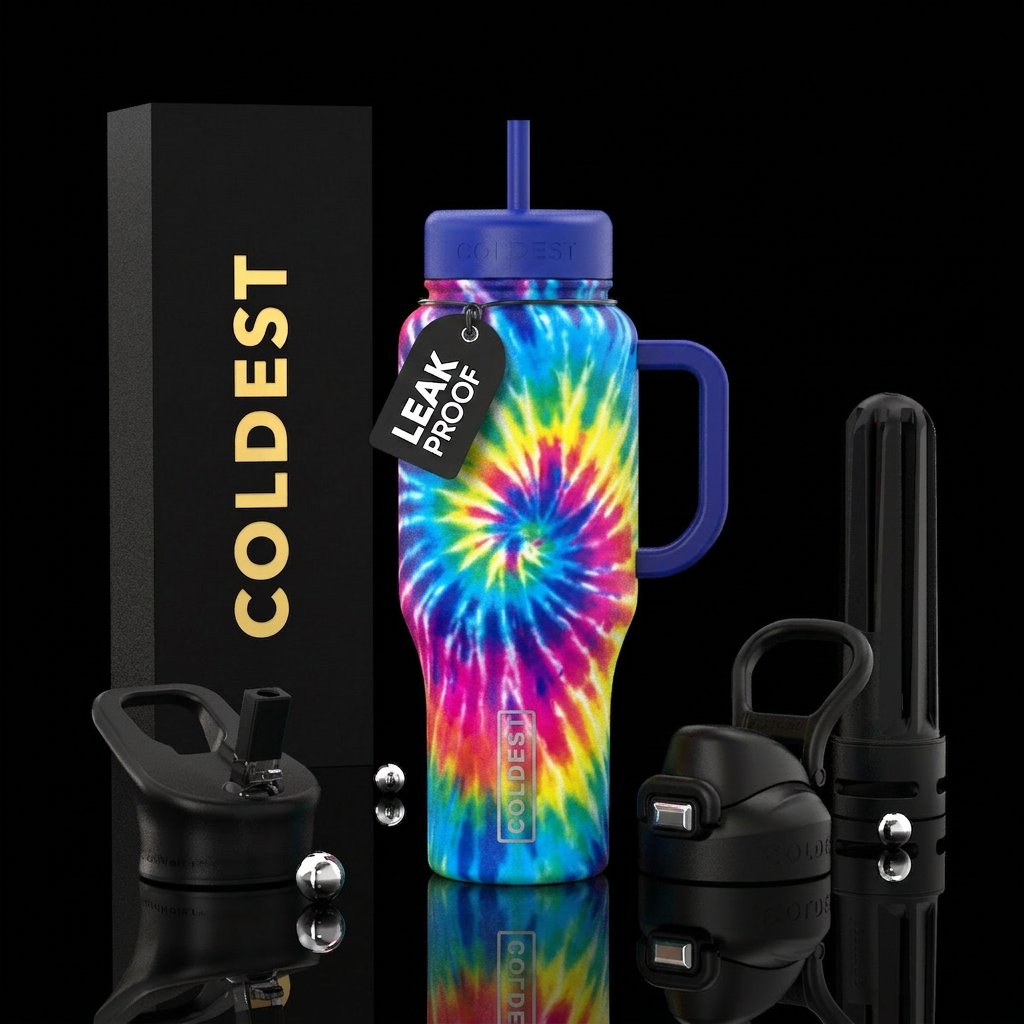 vibrant, tie-dye water bottle design