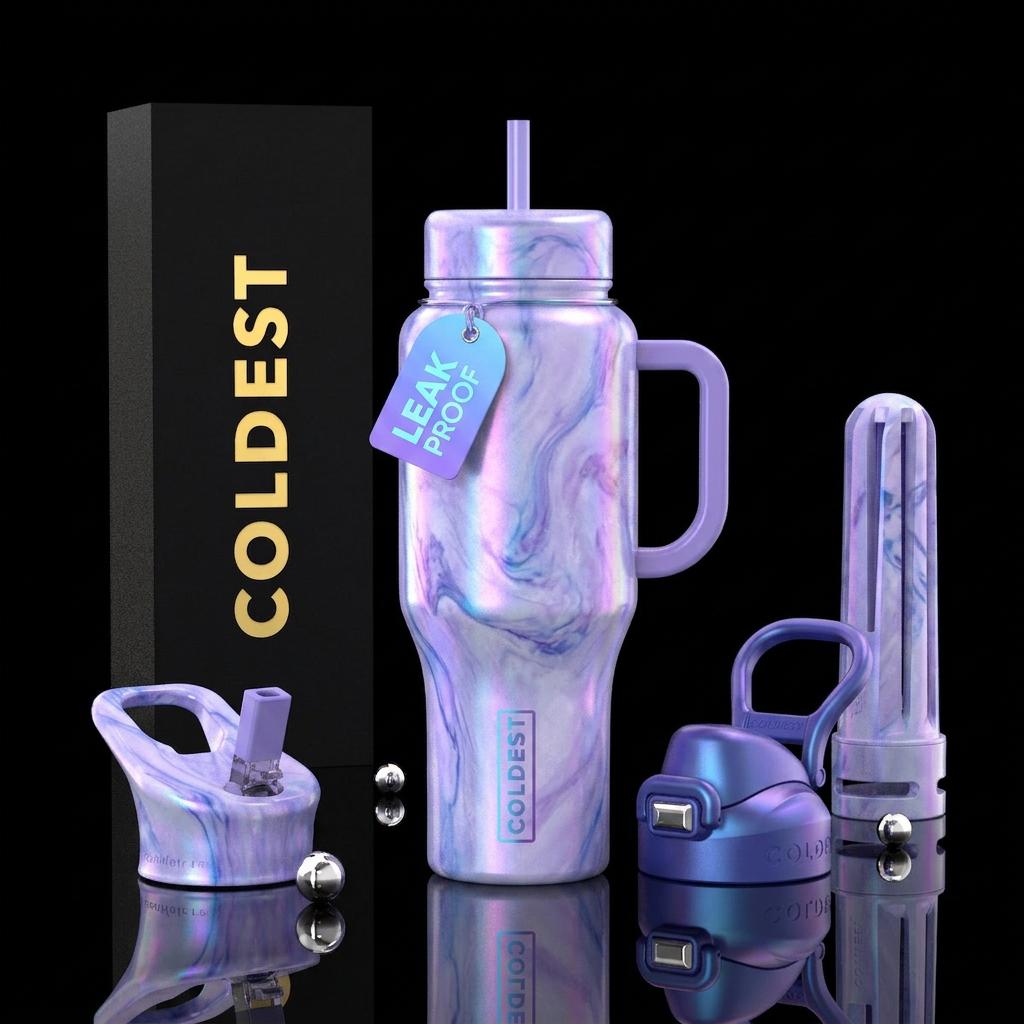 Light purple and blue chromatic, marble water bottle design