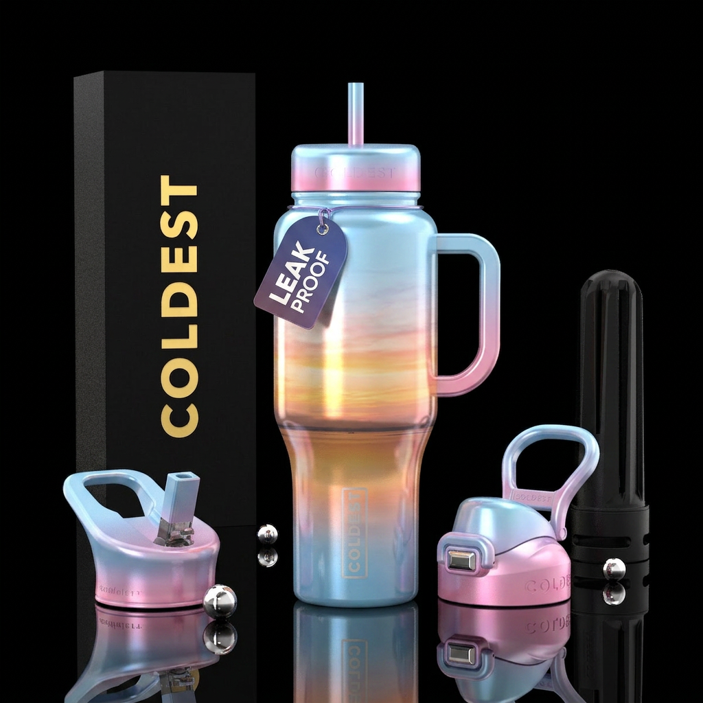 Light blue, light orange, light pink sunset water bottle design