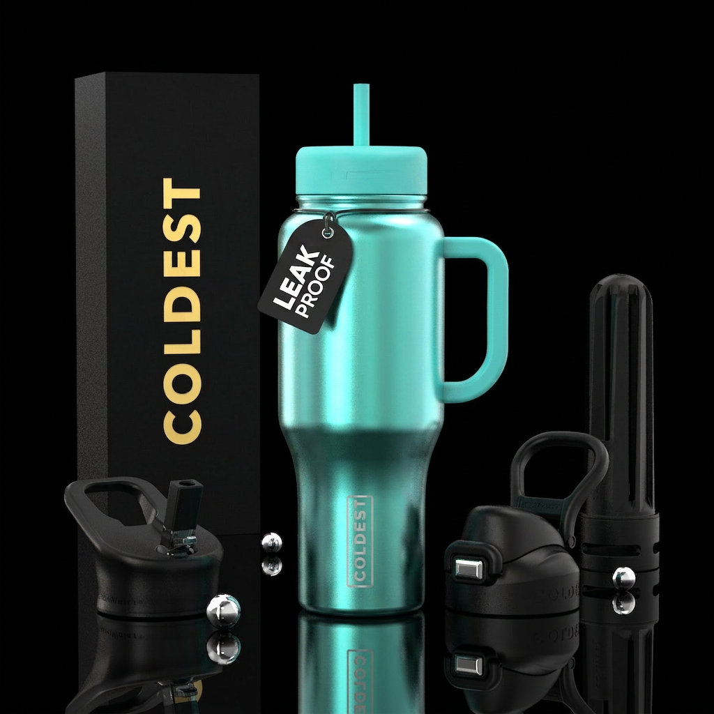 metallic, aquamarine water bottle design