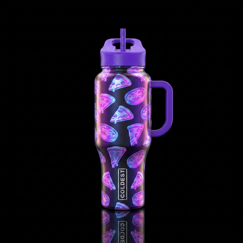 neon, neon, iridescent, pizza water bottle design