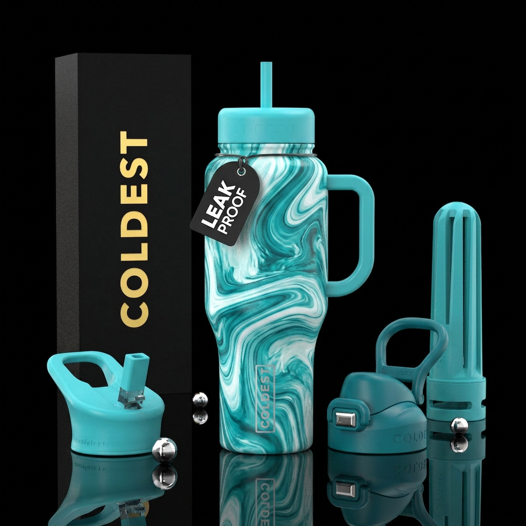Teal, Turquoise, and white swirls water bottle design