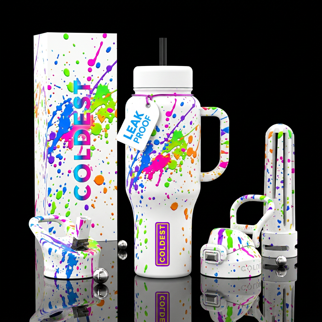 splatter, bright colours, white bottle water bottle design