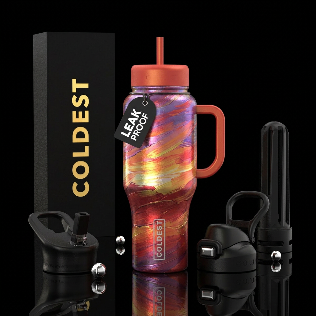iridescent, brush stroke, sunset water bottle design