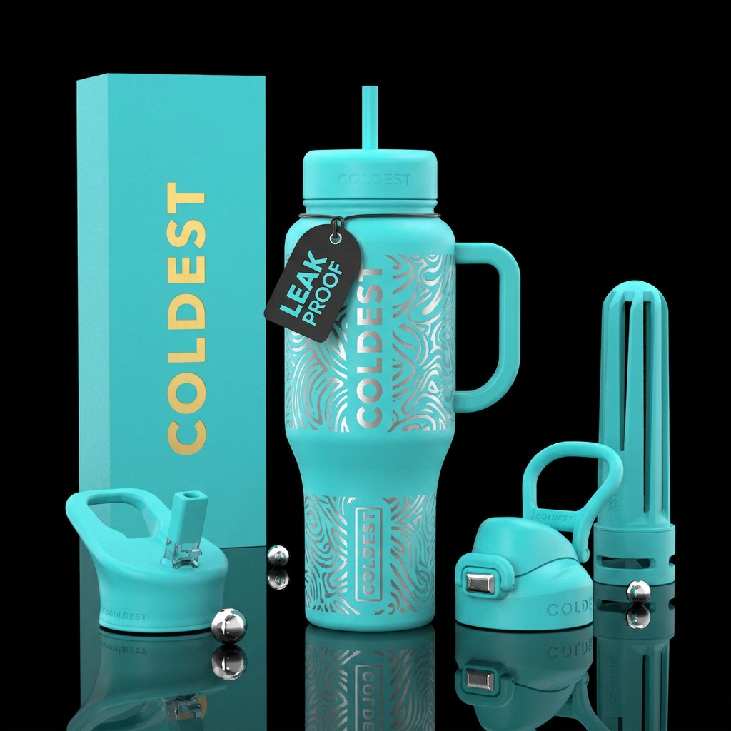 vibrant, etching, turquoise water bottle design