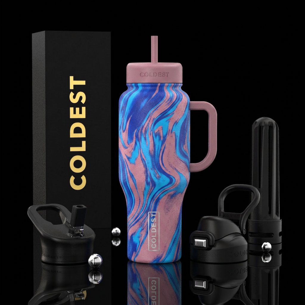 electric blue, dusty pink water bottle design