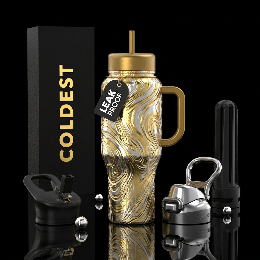 Realistic, silver, gold water bottle design