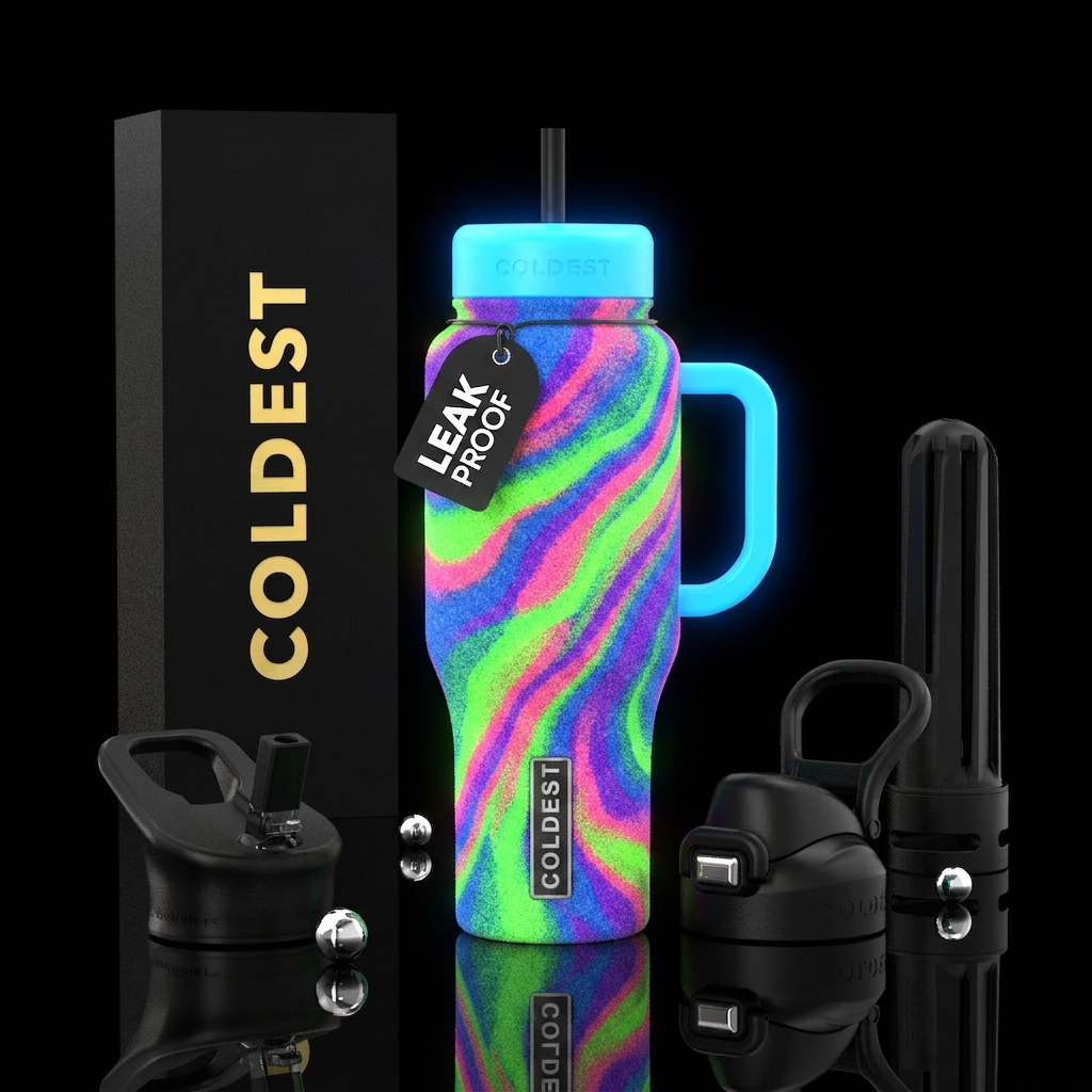 Neon green, neon pink, neon purple, neon blue in s... water bottle design