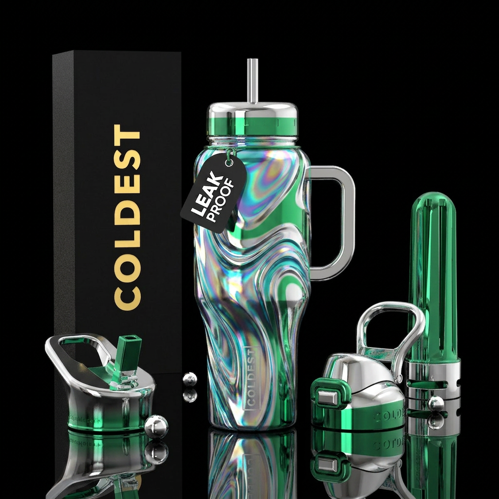 Holographic, Chrome, Kelly Green and silver water bottle design