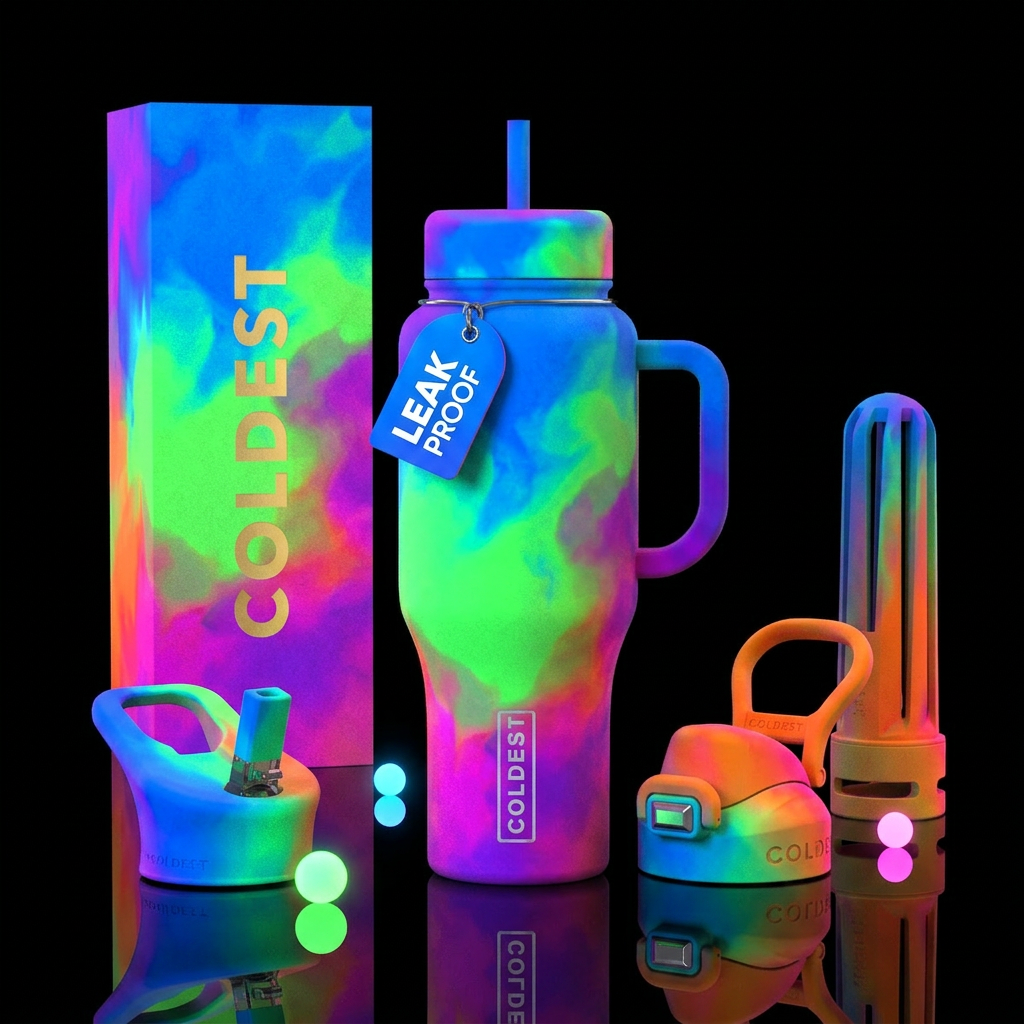 matte, velvet finish, watercolor, neon water bottle design