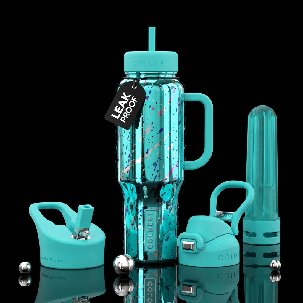 glossy, turquoise, chrome, splatter water bottle design