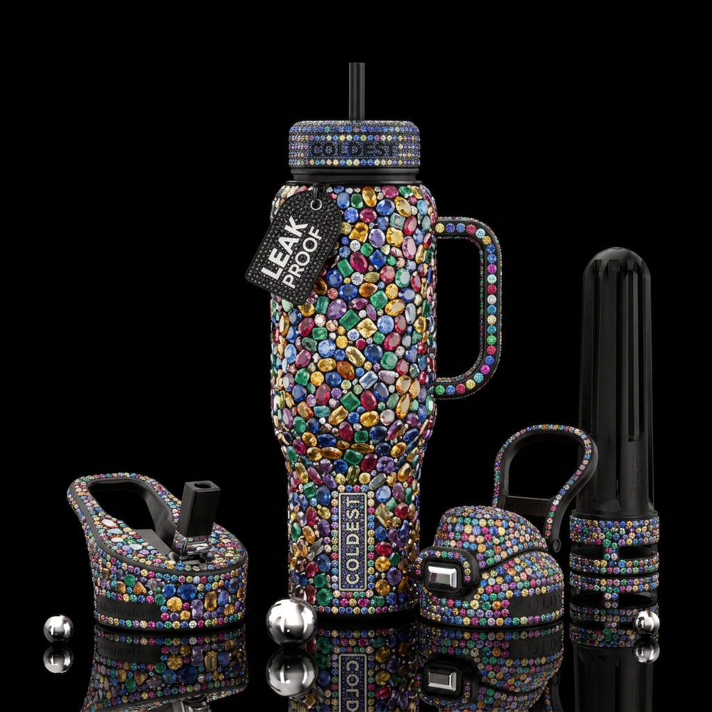Coloured Gemstones covering the whole bottle, water bottle design