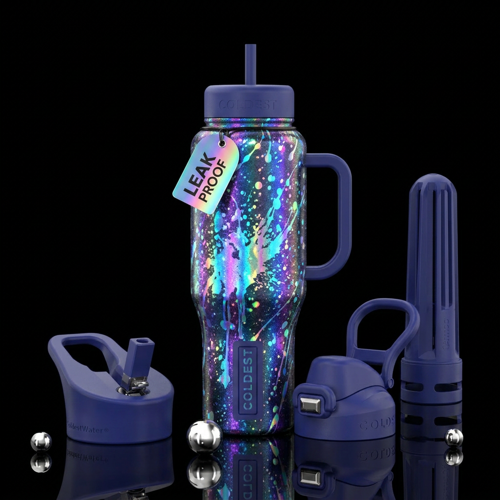 Holographic paint splatters water bottle design