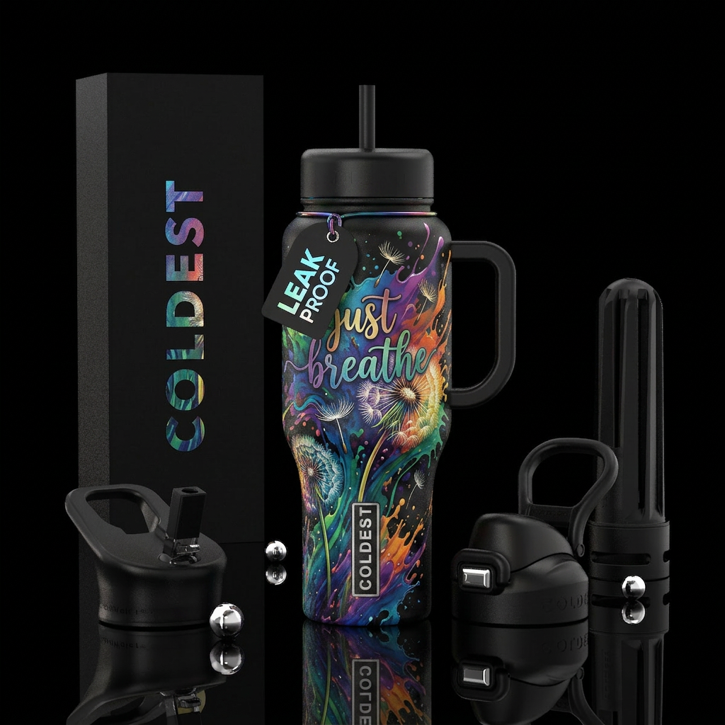 46 oz bottle with a black base color, bright splas... water bottle design