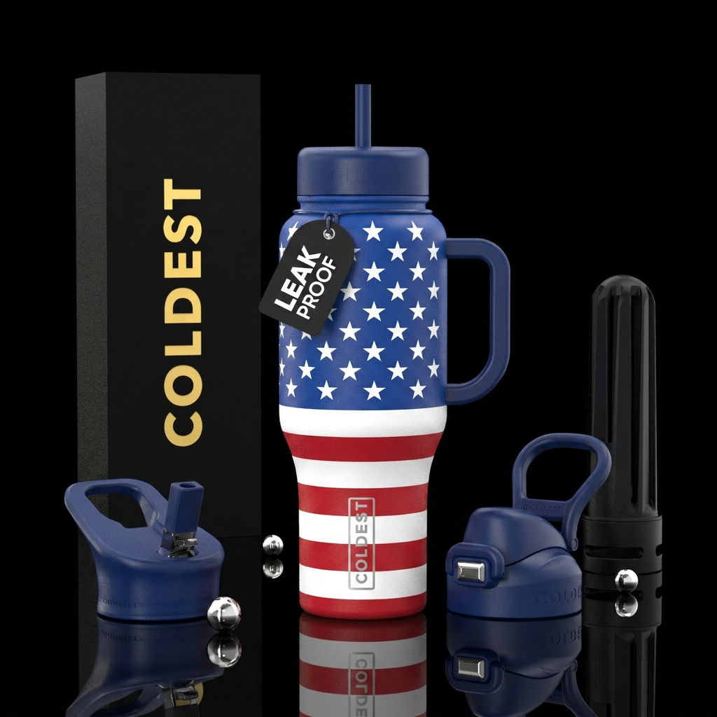 A Red, White and Blue Patriotic Cup with Blue Lid ... water bottle design
