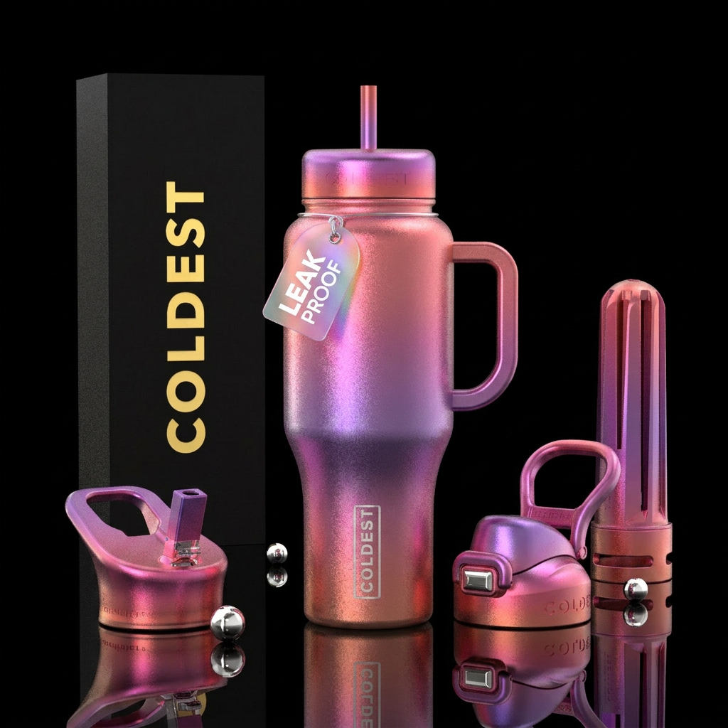 Shimmering pink purple orange sunset water bottle design
