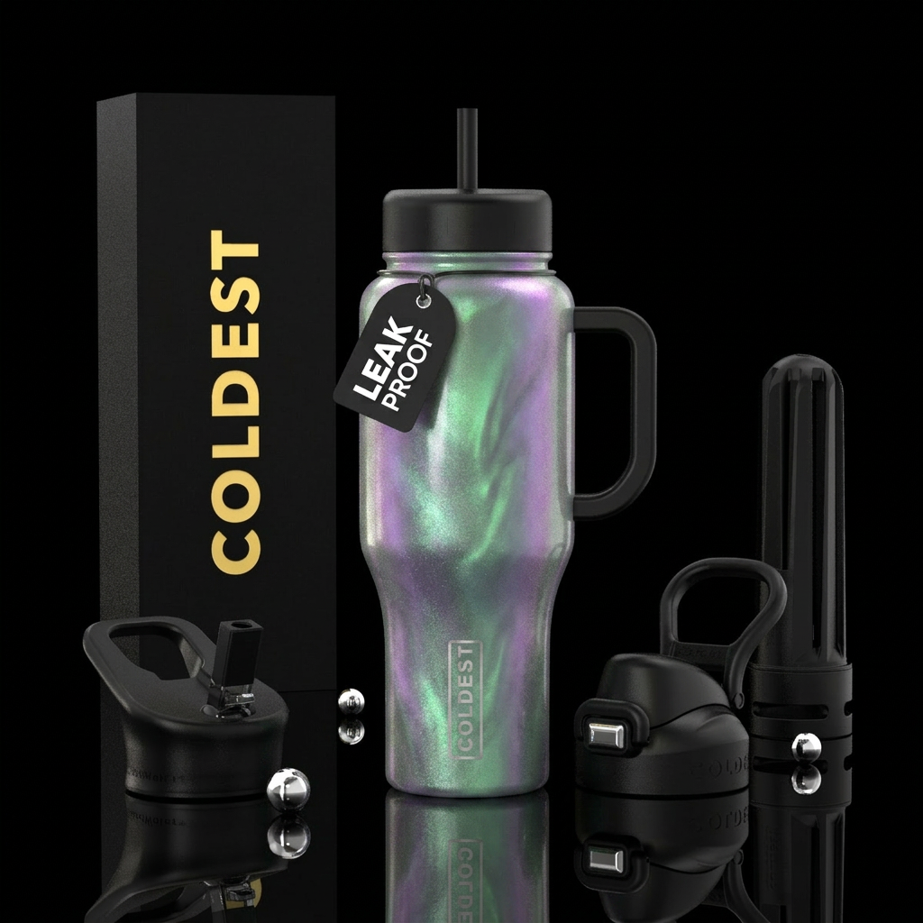 Green and purple shimmering water bottle design