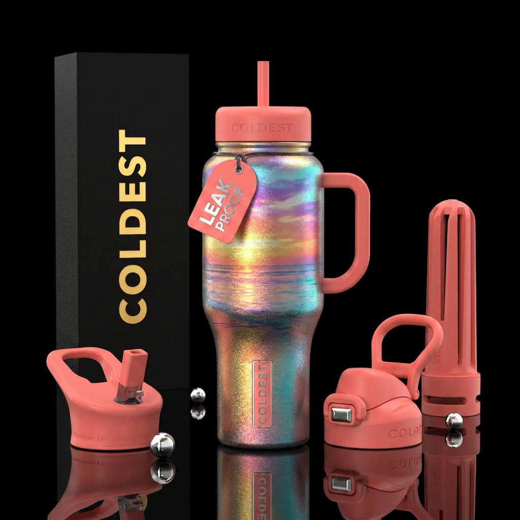 Shimmering beach sunset water bottle design