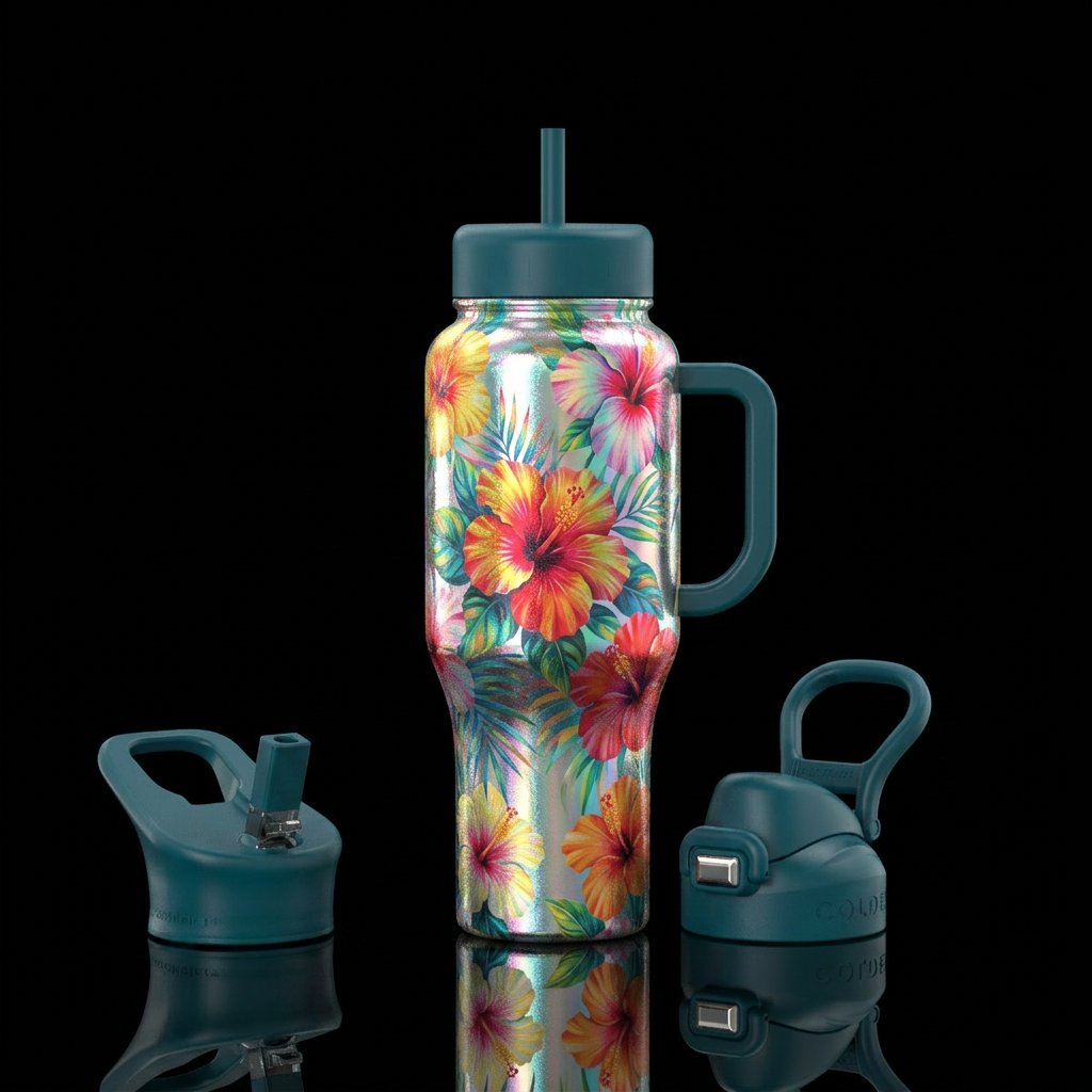 Shimmering hibiscus paradise water bottle design