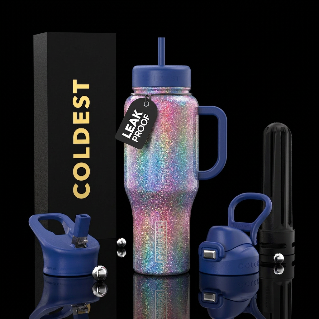 Rainbow shimmer stardust water bottle design