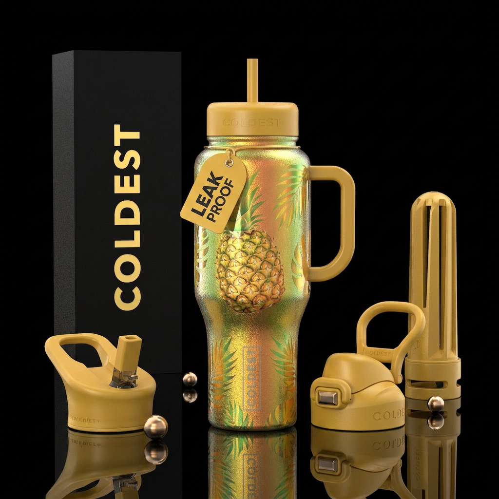 Shimmery pineapple paradise water bottle design