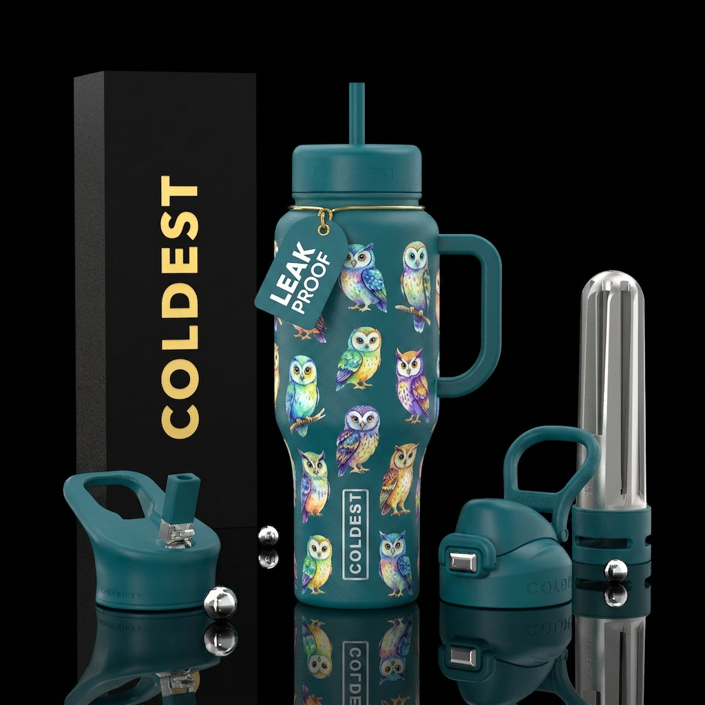 Colorful baby owls water bottle design