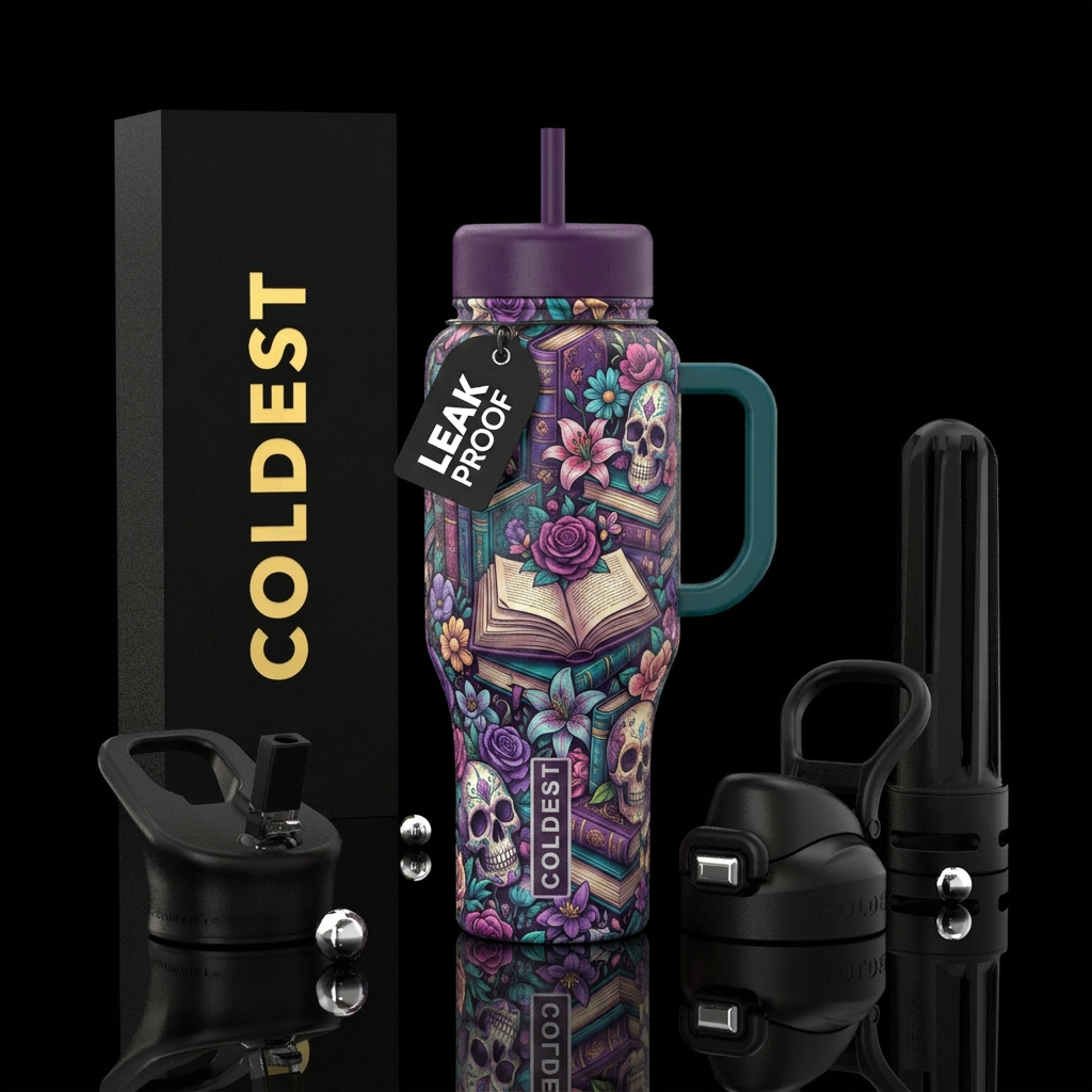 Books skulls flowers purple teal textured water bottle design